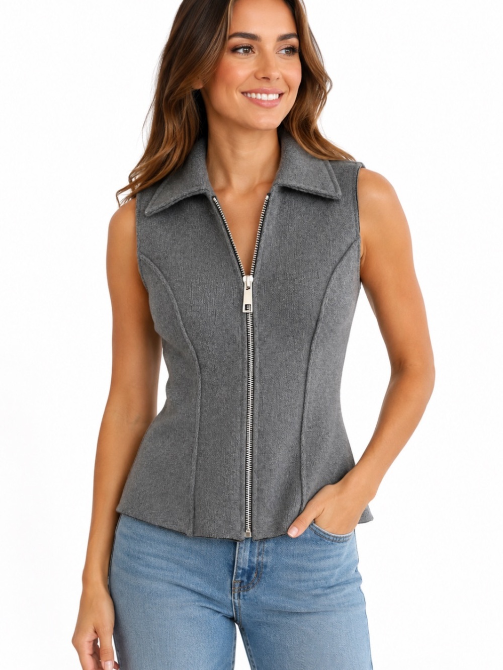 ZARA  STRETCH Gray Sleeveless Zip-Up Back to School Knit Vest M NWOT